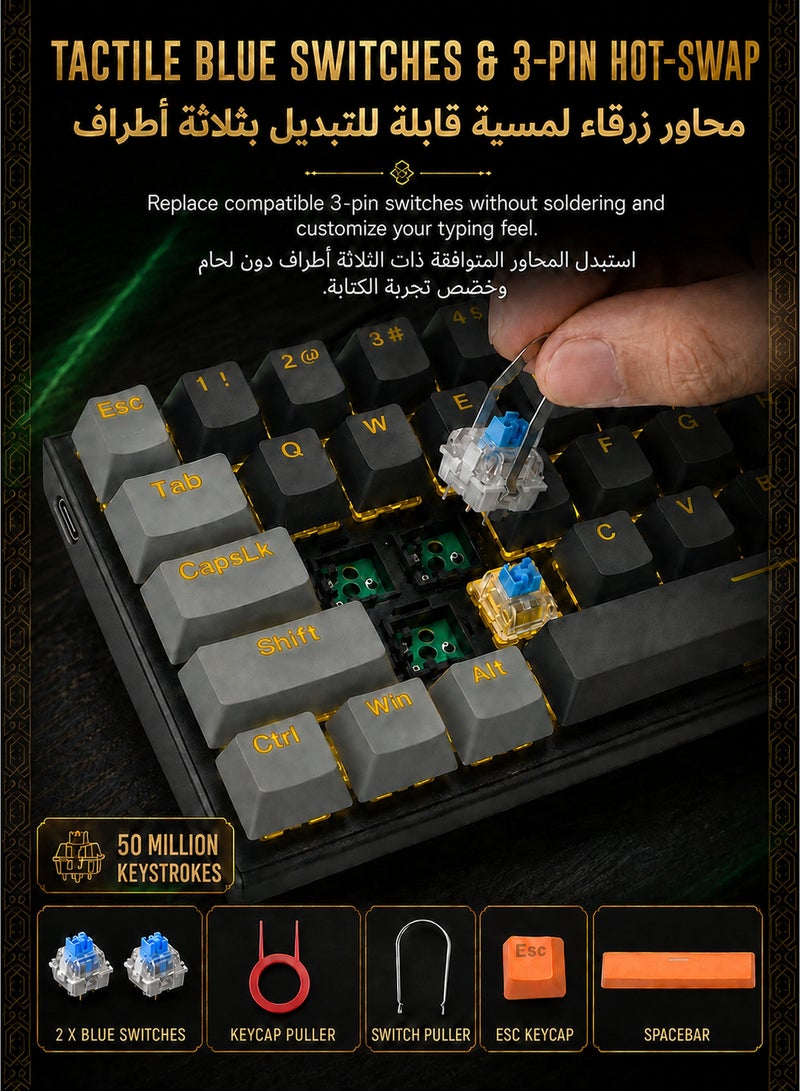 E-YOOSO 60% Wired Mechanical Gaming Keyboard with Blue Switches, LED Yellow Backlit, Ultra-Compact Computer Keyboard for PS4/5, Windows, Mac OS (Black Grey) - Image 5