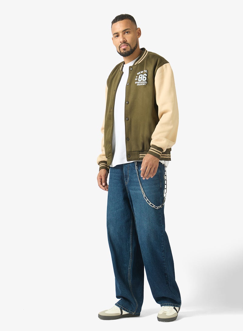 Seventy Five Classic Contrast Sleeve Snap Button Varsity Jacket - Image 4