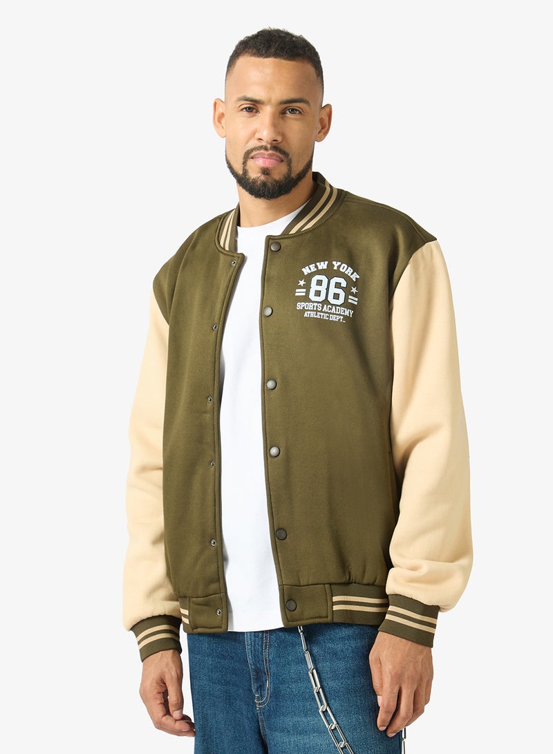 Seventy Five Classic Contrast Sleeve Snap Button Varsity Jacket - Image 1