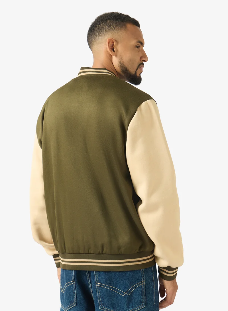 Seventy Five Classic Contrast Sleeve Snap Button Varsity Jacket