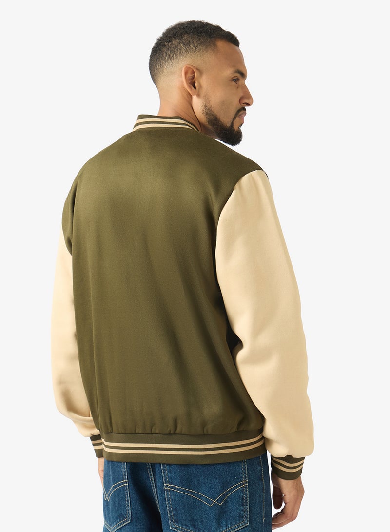 Seventy Five Classic Contrast Sleeve Snap Button Varsity Jacket - Image 2