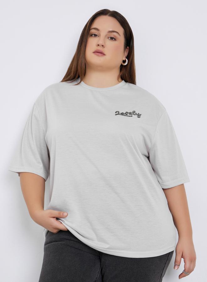 Styli Plus Size Grey Embellished Slogan T-Shirt - Image 1