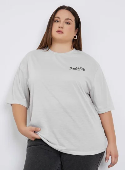 Styli Styli Plus Size Grey Embellished Slogan T-Shirt