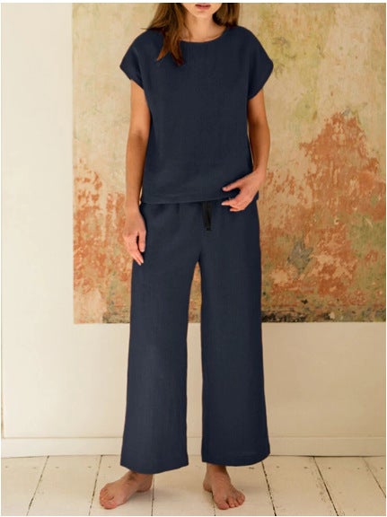 Spot Foreign Trade Womens New Cotton and Linen Round Neck Short-sleeved Shirt Pocket Drawstring Elastic Waist Wide Leg Pants Pants Set Dark Blue - Image 1