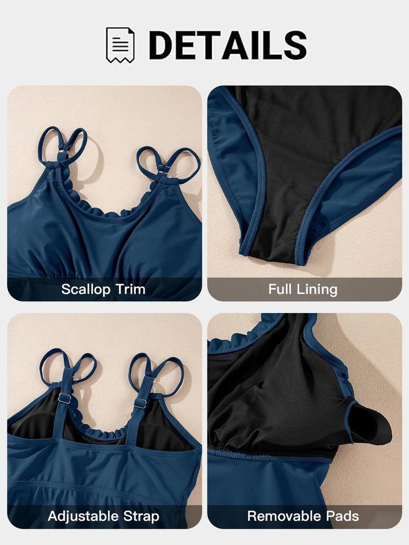 Aleumdr Women's Tankini Bathing Suit Two Piece High Waisted Swimsuits Tummy Control Tankini Sets Swimwear Sail Blue Large - Image 5
