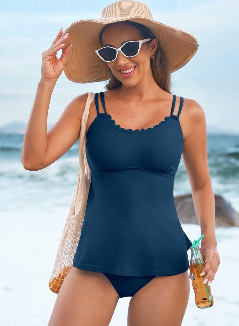 Aleumdr Women's Tankini Bathing Suit Two Piece High Waisted Swimsuits Tummy Control Tankini Sets Swimwear Sail Blue Large - Image 2