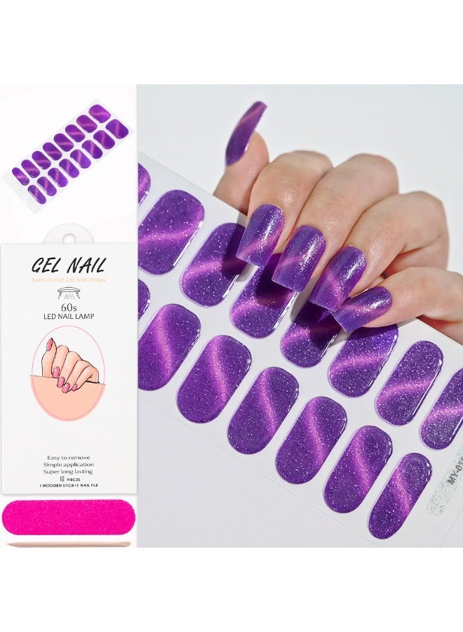 16PCS Cat Eye Glitter UV Gel Nail Stickers Semi Cured LED UV Lamp Nail Art Waterproof Long Lasting Includes Nail File Cuticle Stick and Card for DIY Nail Design Dubai Salon Party Nails - Image 2