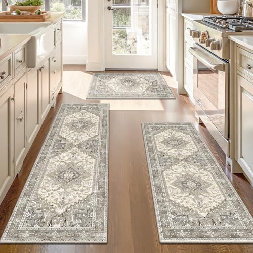 Yamaziot Boho Washable Kitchen Rugs Sets of 3, Non Slip Kitchen Mats for Floor with Rubber Backing, Waterproof & Stain Resistant Carpet Runner Throw Rug for Kitchen, Laundry Room, Hallway, Beige Grey - Image 1