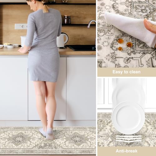 Yamaziot Boho Washable Kitchen Rugs Sets of 3, Non Slip Kitchen Mats for Floor with Rubber Backing, Waterproof & Stain Resistant Carpet Runner Throw Rug for Kitchen, Laundry Room, Hallway, Beige Grey - Image 4