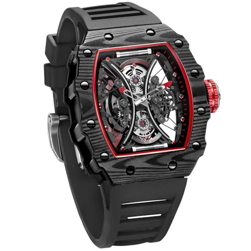 FEICE Watch for Men's Automatic Wrist Watch Sapphire Crystal Japanese Movement Skeleton Mechanical Watch with Carbon Fiber Strap Waterproof Sports Wristwatch - FM602Black - Image 1