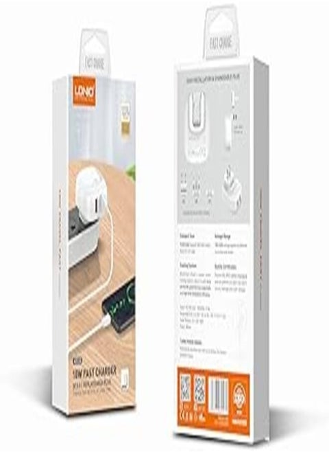 LDNIO A2522C Fast Wall Charger With Replaceable Plug UK US EU And Cable From Type C To Lightning Led Display 30W - White