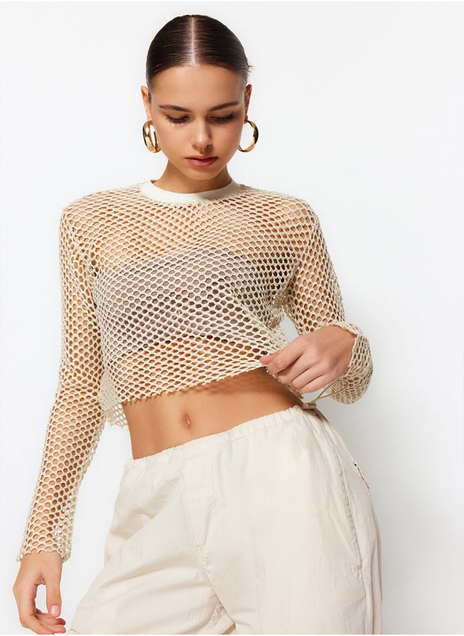 trendyol Beige Lurex Mesh Relaxed Cut Crew Neck Crop Knitted Blouse TWOSS23BZ00523  - Image 1