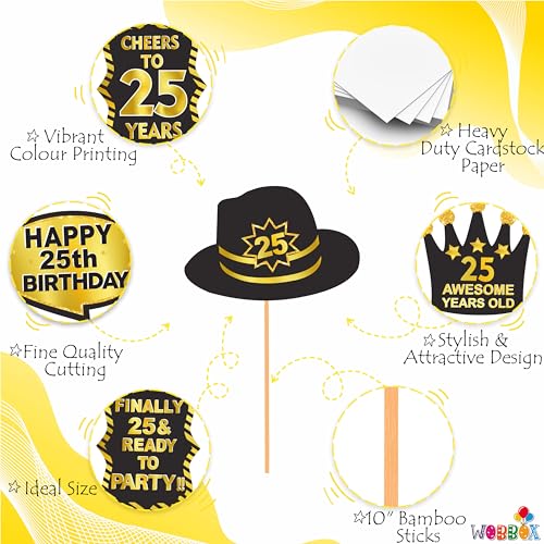 WOBBOX 25th Birthday Photo Booth Party Props Black & Golden, Birthday Party Decoration, Birthday Party Item, Birthday Party Props (WOBOX1826) - Image 4