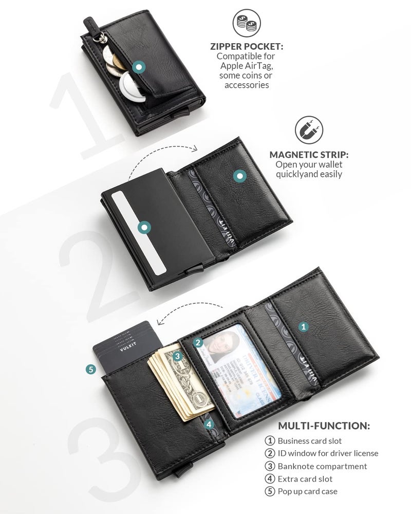 VULKIT VULKIT Pop up Wallet RFID Blocking Leather Credit Card Wallet with Banknote Compartment, ID Window & Coin Pocket (Black)  - Image 3