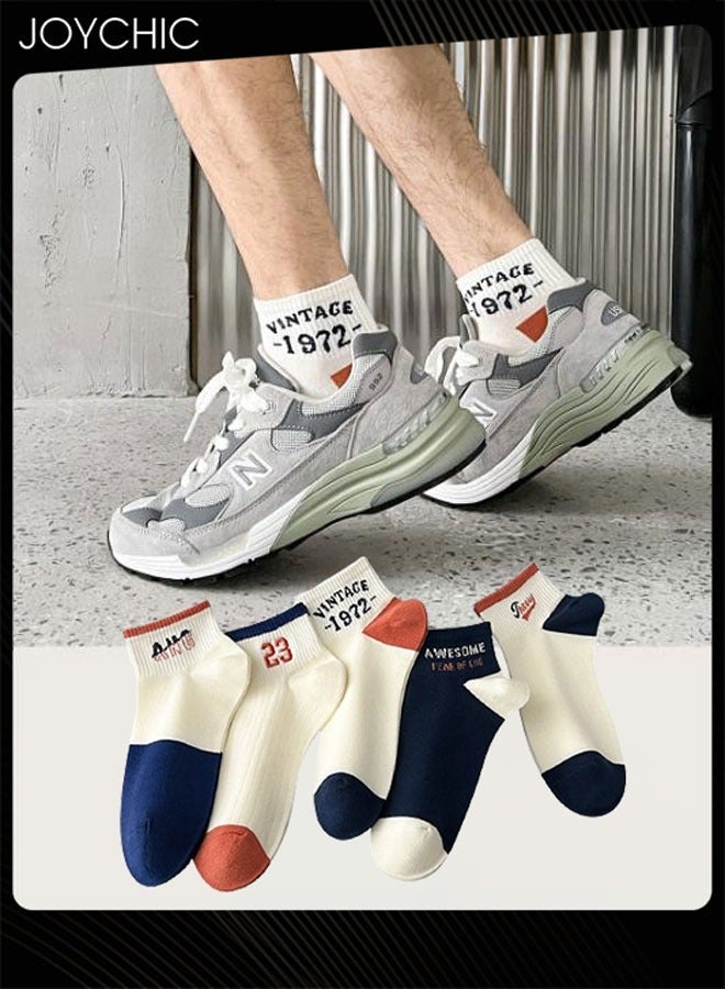 NIBEMINENT 5 Pairs of Men's Trendy Embroidered Pure Cotton Socks Anti-odor Sweat-absorbent Sports Breathable Low-cut for All Seasons - Image 1