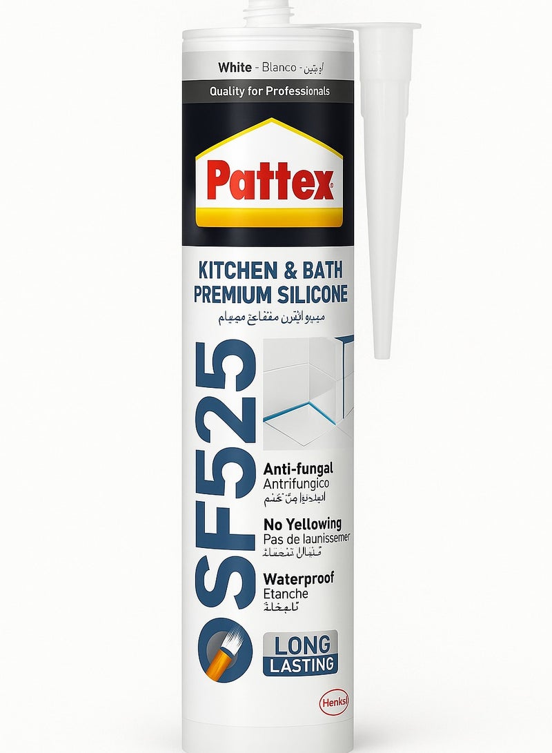 Pattex Sf525 Silicone Sealant-Kitchen And Bath Premium Silicone Sealant And Heavy Duty Series Mould Resistant, Ideal For Showers, Toilets Tiles, Easy Bathroom Sealant 1X280ML Cartridge - Image 1