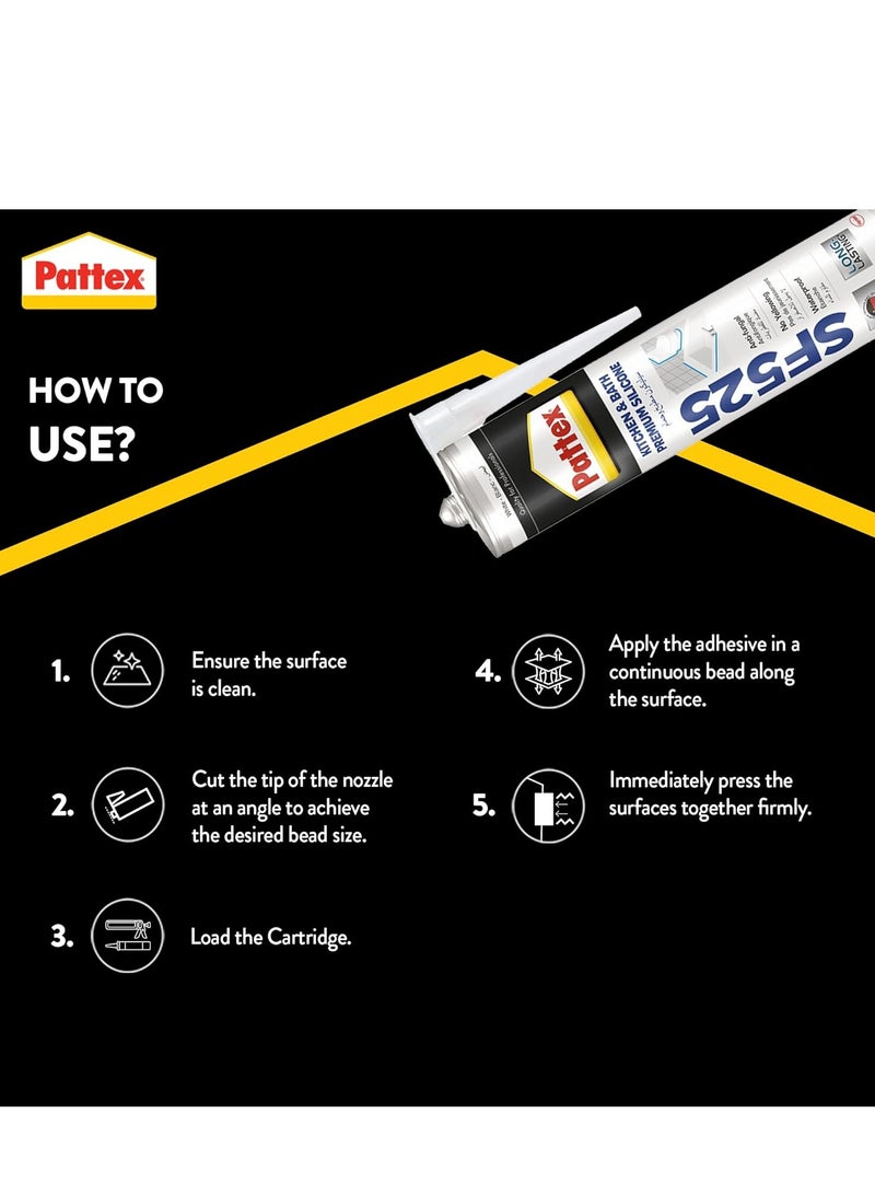 Pattex Sf525 Silicone Sealant-Kitchen And Bath Premium Silicone Sealant And Heavy Duty Series Mould Resistant, Ideal For Showers, Toilets Tiles, Easy Bathroom Sealant 1X280ML Cartridge - Image 3