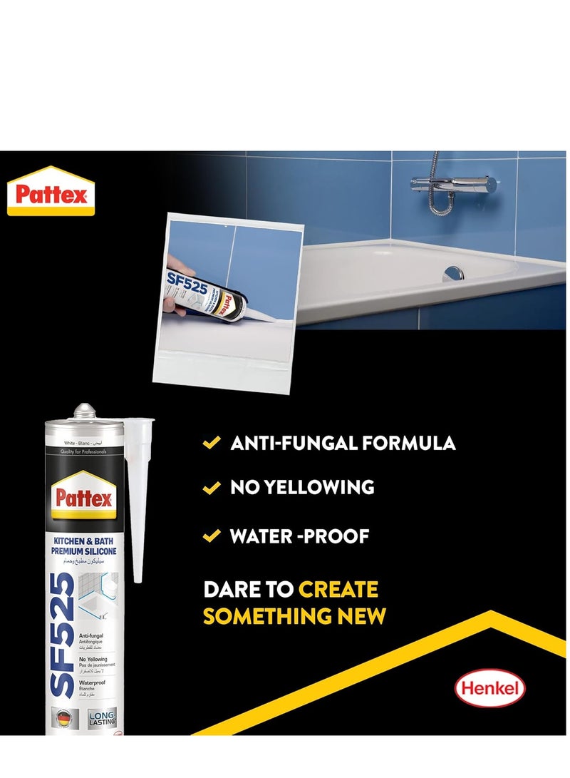 Pattex Sf525 Silicone Sealant-Kitchen And Bath Premium Silicone Sealant And Heavy Duty Series Mould Resistant, Ideal For Showers, Toilets Tiles, Easy Bathroom Sealant 1X280ML Cartridge - Image 2