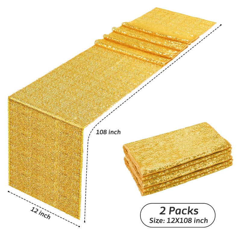 OGORI 2 Pack Sequin Table Runner Gold  12 x 108 inch Glitter Gold Table Runner for Rectangle Table for Birthday  Wedding  Banquet  Holiday Party Decorations & Baby Shower - Image 2