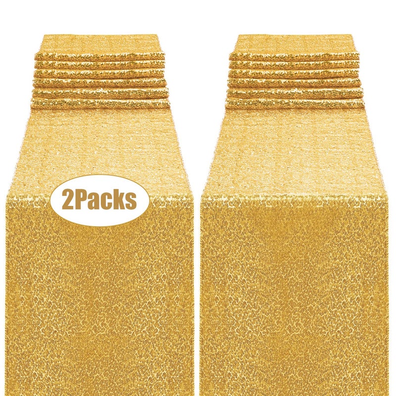 OGORI 2 Pack Sequin Table Runner Gold  12 x 108 inch Glitter Gold Table Runner for Rectangle Table for Birthday  Wedding  Banquet  Holiday Party Decorations & Baby Shower - Image 1