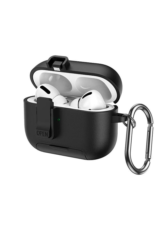 غطاء واقٍ لسماعات AirPods Pro 3. يتميز هذا الغطاء الواقي للسماعات المصنوع من جلد PU بتصميم قاعدة مغناطيسية وقفل مقاوم للصدمات. يدعم الشحن اللاسلكي ويأتي مزودًا بإبزيم معدني. اللون: أسود. - Image 1