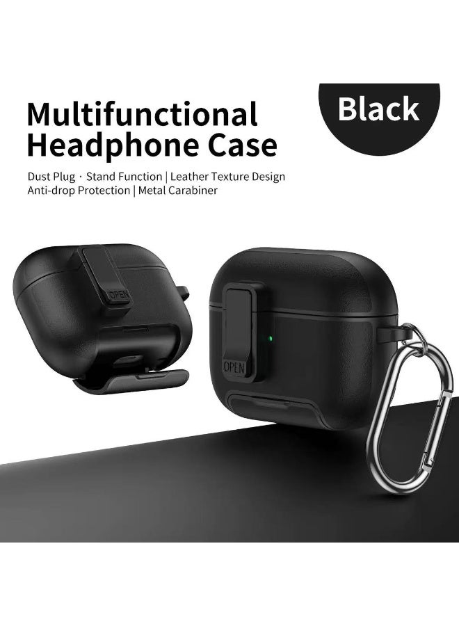 غطاء واقٍ لسماعات AirPods Pro 3. يتميز هذا الغطاء الواقي للسماعات المصنوع من جلد PU بتصميم قاعدة مغناطيسية وقفل مقاوم للصدمات. يدعم الشحن اللاسلكي ويأتي مزودًا بإبزيم معدني. اللون: أسود. - Image 2