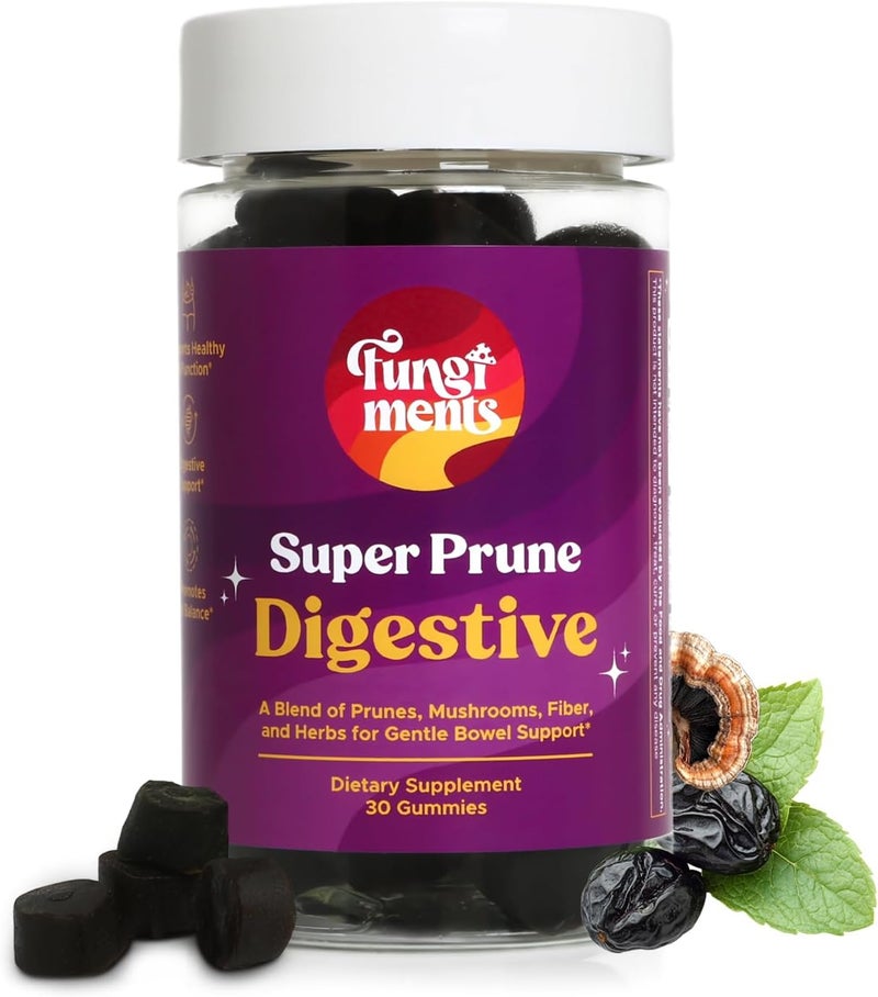 Fungiments Super Prune  Mushroom Supplement  Turkey Tail Mushrooms Fiber Rhubarb Prunes Ginger Chamomile  Debloating Constipation Relief 30 Mushroom Gummies - Image 1