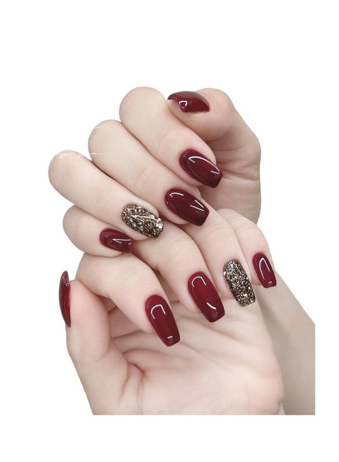 Sparkling Nailon Luxury Brown Red Press-On Nails - Coffin Shape Fake Nails with Gold Glitter | Reusable Stick-On Nail Extensions, Artificial False Nails, Easy Apply Nail Set, DIY Manicure - Pack of 14 - Image 3