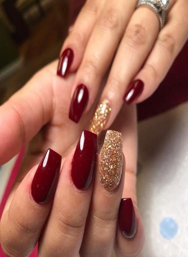 Sparkling Nailon Luxury Brown Red Press-On Nails - Coffin Shape Fake Nails with Gold Glitter | Reusable Stick-On Nail Extensions, Artificial False Nails, Easy Apply Nail Set, DIY Manicure - Pack of 14 - Image 2