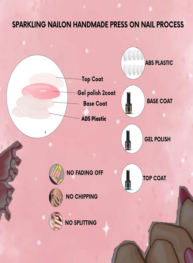 Sparkling Nailon Luxury Brown Red Press-On Nails - Coffin Shape Fake Nails with Gold Glitter | Reusable Stick-On Nail Extensions, Artificial False Nails, Easy Apply Nail Set, DIY Manicure - Pack of 14 - Image 4