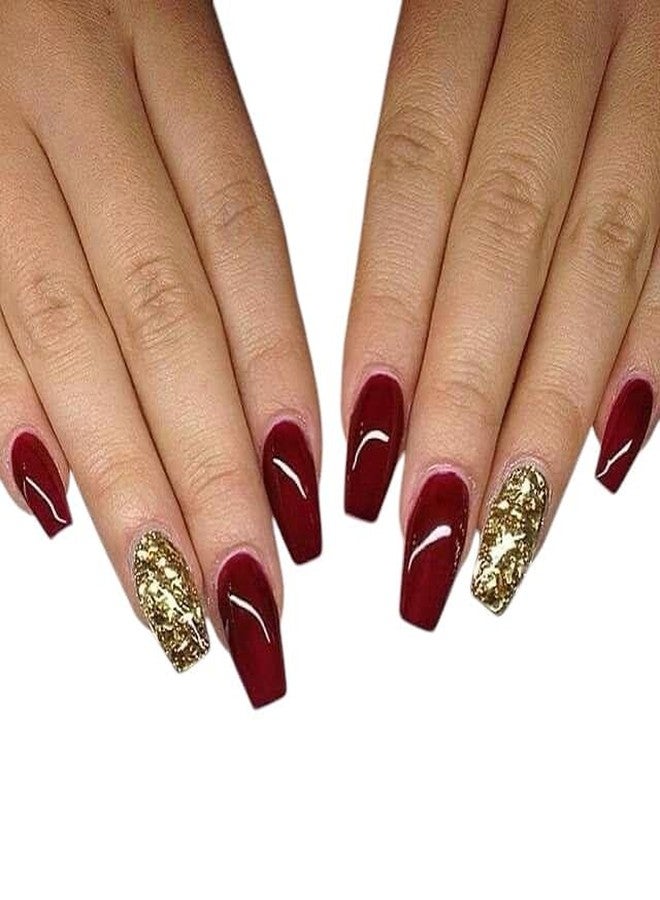 Sparkling Nailon Luxury Brown Red Press-On Nails - Coffin Shape Fake Nails with Gold Glitter | Reusable Stick-On Nail Extensions, Artificial False Nails, Easy Apply Nail Set, DIY Manicure - Pack of 14 - Image 1