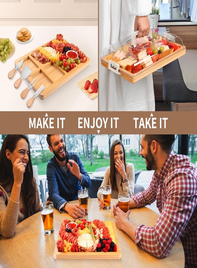 CAWIU Charcuterie Board with Lid and Handle - Portable Travel Design Bamboo Cheese Board Set with 4 Cheese Tools, Gift for Housewarming, Weddings, Picnics(8 Compartments, White) - Image 3