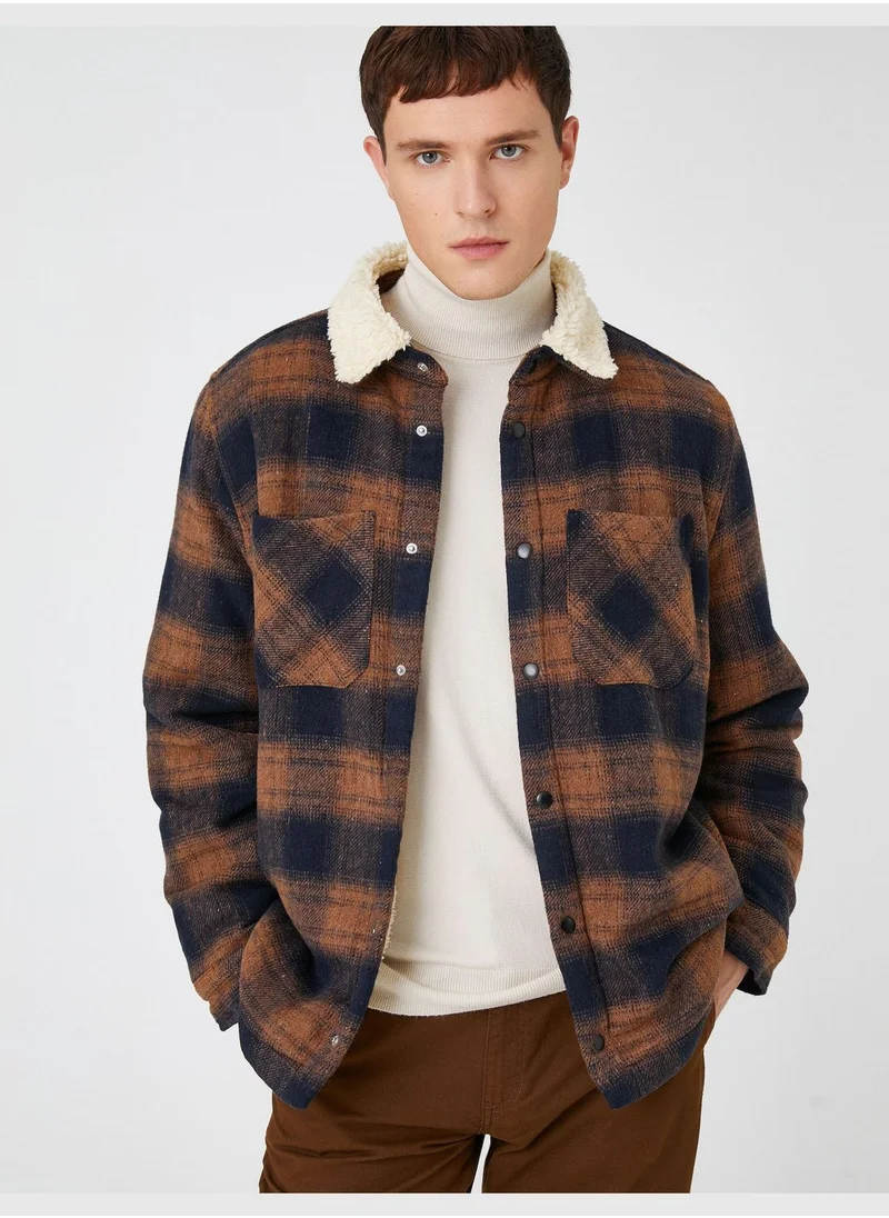 كوتون Check Plaid Shirt Jacket Neck Detailed