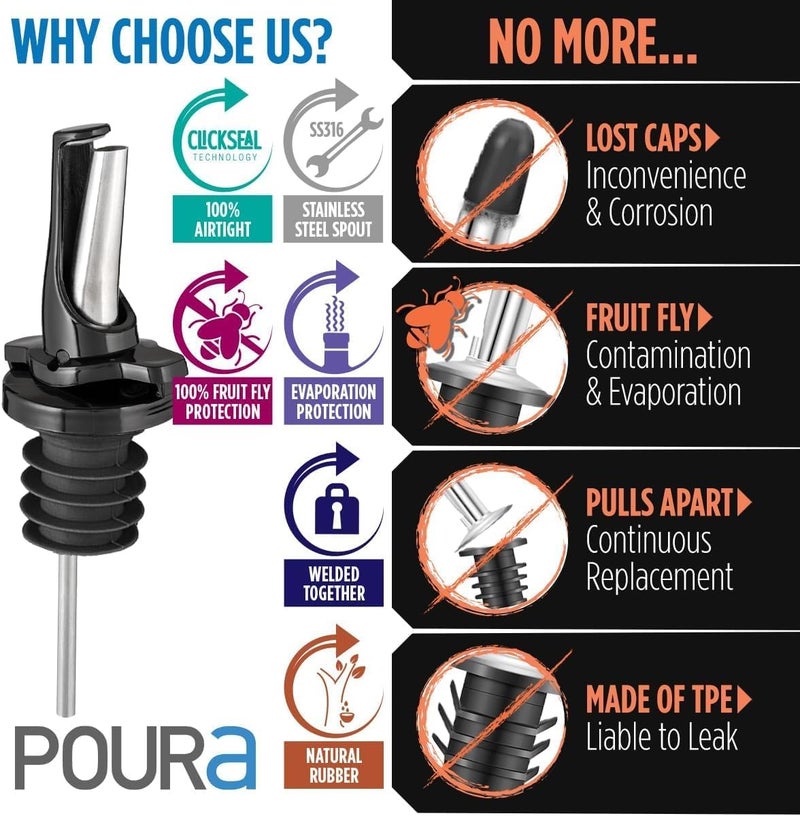 Poura 3-in-1 Liquor Pour spout with Built-in Fruit Fly Protection - Dishwasher Safe Hygienic Alcohol Speed Spouts - Also for Olive Oil, Juice, Syrup. Black 6 Pack with 6 Adapters for Large Neck Bottles - Image 4