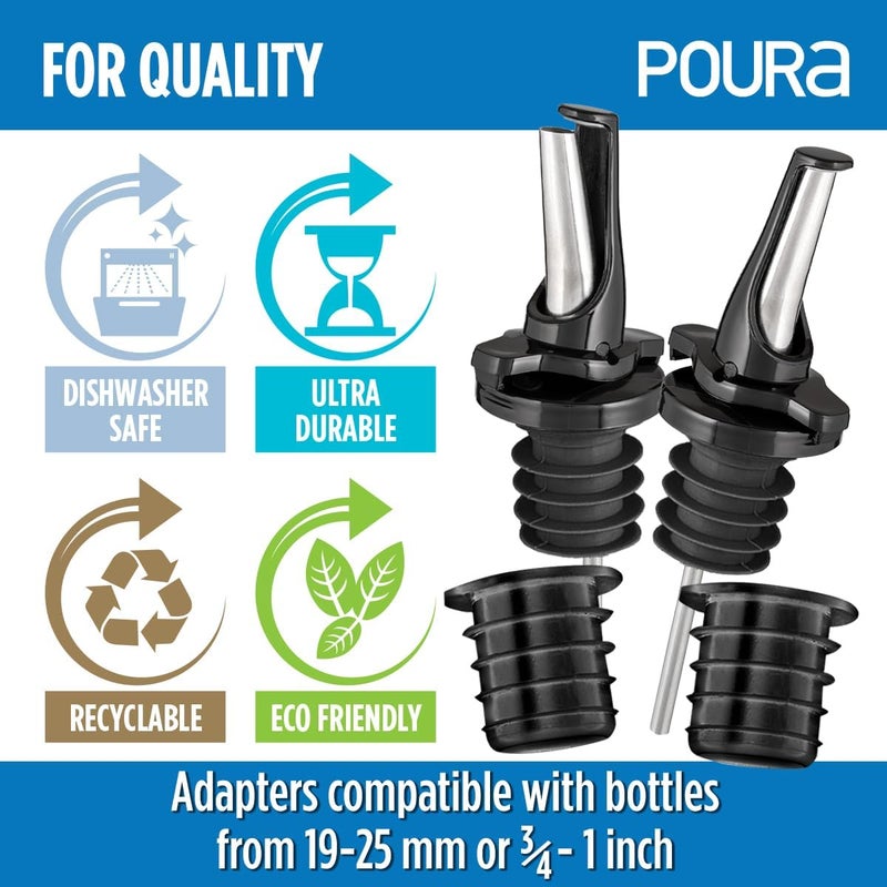 Poura 3-in-1 Liquor Pour spout with Built-in Fruit Fly Protection - Dishwasher Safe Hygienic Alcohol Speed Spouts - Also for Olive Oil, Juice, Syrup. Black 6 Pack with 6 Adapters for Large Neck Bottles - Image 3
