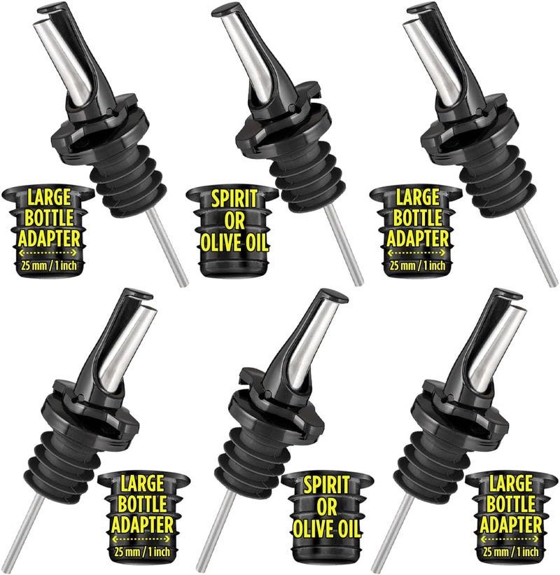 Poura 3-in-1 Liquor Pour spout with Built-in Fruit Fly Protection - Dishwasher Safe Hygienic Alcohol Speed Spouts - Also for Olive Oil, Juice, Syrup. Black 6 Pack with 6 Adapters for Large Neck Bottles - Image 1