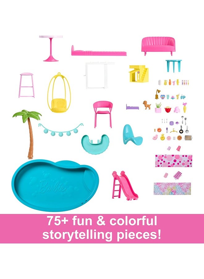 Barbie - Dreamhouse Playset, Pool Party Doll House with 75+ Pieces and 3-Story Slide, Pink Barbie House, Perfect for Kids, Girls Aged 3+ - Image 1