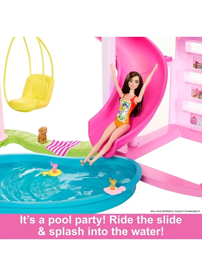 Barbie Dreamhouse Playset, Pool Party Doll House with 75+ Pieces and 3-Story Slide, Pink House, Perfect for Kids, Girls Aged 3+
