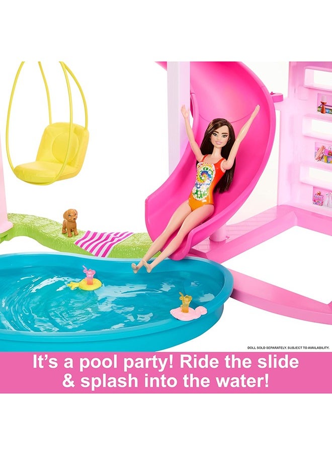 Barbie - Dreamhouse Playset, Pool Party Doll House with 75+ Pieces and 3-Story Slide, Pink Barbie House, Perfect for Kids, Girls Aged 3+ - Image 1