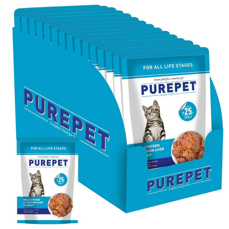 Purepet Wet Cat Food, Real Chicken and Chicken Liver in Gravy, 15 Pouches (15 x 70g) - Image 1