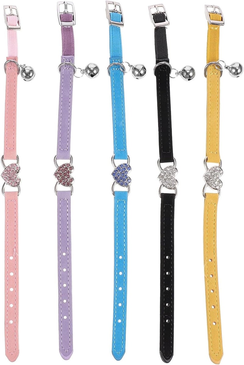 5pcs Dog and Cat Collars Set with Rhinestone and Bell, Polyester Pet Collars in Yellow, Blue, Purple, Black, and Pink for Small Puppies and Cats - Image 1