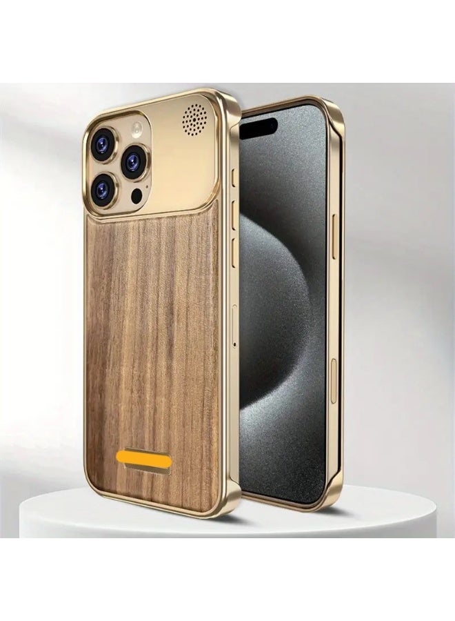 Temu Luxury phone case with wooden and metal design gives the phone an elegant look and strong protection against shocks and scratches, compatible with iPhone 16 Pro Max - Image 1