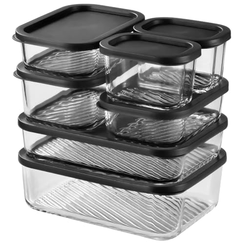 EATEX 7 Pack Glass Meal Prep Containers with Grooved Base, 7 Stackable BPA Free Glass Storage Containers with Lids for Lunch, Pantry, and Kitchen - Microwave, Dishwasher Freezer & Oven Safe - Black - Image 1