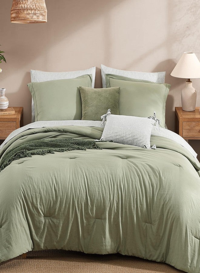 Monbix Queen Comforter Set - 7 Pieces Olive Green Prewashed Bed in a Bag Queen Bedding Sets with Comforters, All Seasons Down Alternative Comforter Bed Set with Sheets,Pillowcases & Shams - Image 1