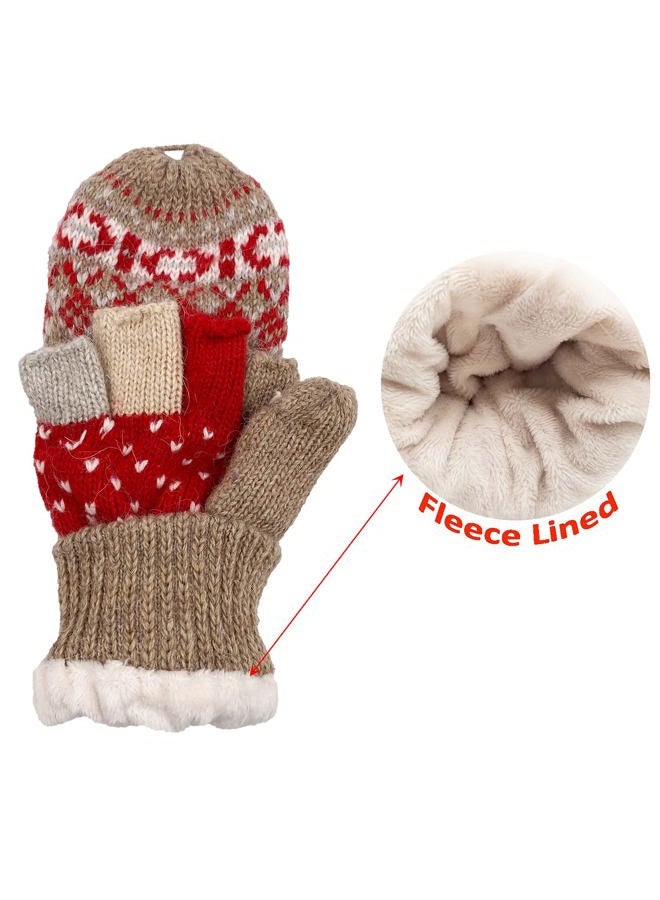Beurlike Winter Fingerless Gloves Mittens for Women Men Warm Wool Knitted Convertible Flip Top Mittens Cold Weather, Zkhaki Red, One size - Image 3