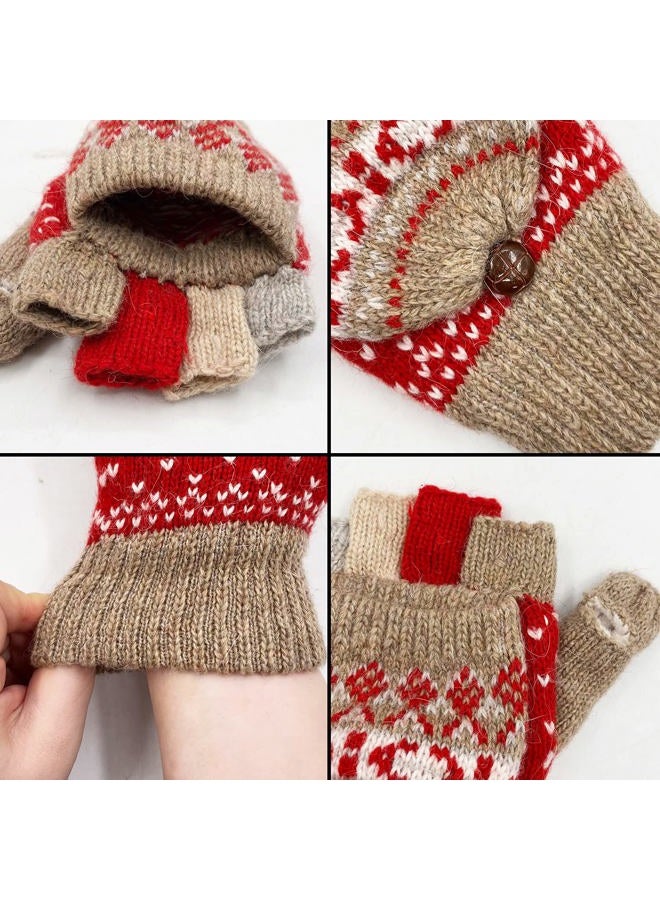 Beurlike Winter Fingerless Gloves Mittens for Women Men Warm Wool Knitted Convertible Flip Top Mittens Cold Weather, Zkhaki Red, One size - Image 4