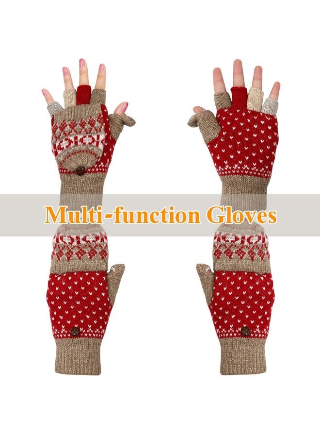 Beurlike Winter Fingerless Gloves Mittens for Women Men Warm Wool Knitted Convertible Flip Top Mittens Cold Weather, Zkhaki Red, One size - Image 2