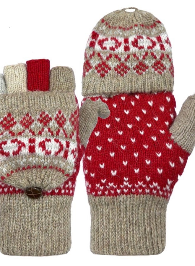 Beurlike Winter Fingerless Gloves Mittens for Women Men Warm Wool Knitted Convertible Flip Top Mittens Cold Weather, Zkhaki Red, One size - Image 1
