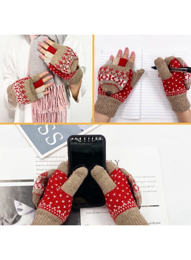 Beurlike Winter Fingerless Gloves Mittens for Women Men Warm Wool Knitted Convertible Flip Top Mittens Cold Weather, Zkhaki Red, One size - Image 5