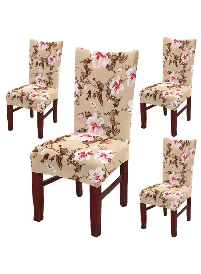 BRIDA® Polyester Spandex Stretchable Floral Geometric Printed Dining Chair Covers Elastic Chair Seat Case Protector, Slipcovers (4 Chair Cover, Beige Pink) - Image 1